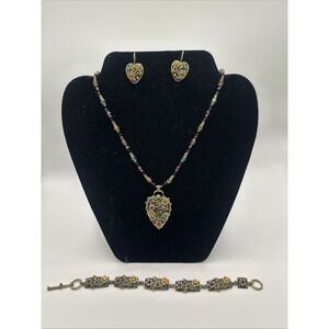 Michal Golan Signed Heart Necklace Earrings Bracelet Set Floral Crystal Vintage
